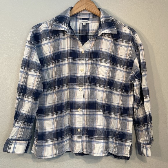 Madewell Tops - Madewell Flannel Crop Boxy Shirt Small Blue White Plaid Button Up Cute Basic